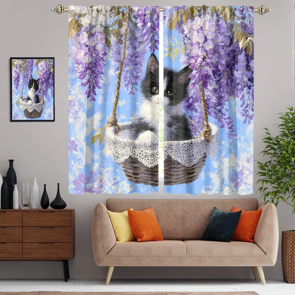 XSUPFLYM Beautiful Vintage Oil Painting Cat Privacy Perforated Curtains Rustic Abstract Spring Garden Plant Lilac Flowers Animal Kitten Curtains Top Grommets Window Treatment 2 Panels 21" W x 45" L