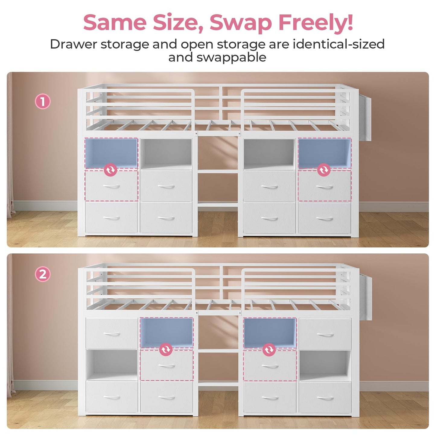 ADORNEVE Low Loft Bed Twin Size with 8 Storage Drawers, Twin Loft Bed with Bookcase and LED Lights, Metal Kids Loft Bed with 14" H Safety Guardrail, Under-Bed Play Space, No Box Spring Needed, White