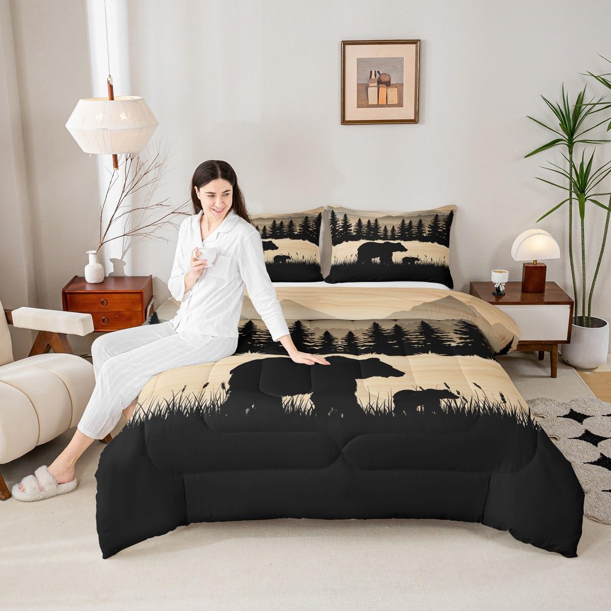 Erosebridal Rustic Cabin Full Comforter Set Farmhouse Bear Bedding Set Hunting Woodland Animal Down Comforter for Kids Adults,Pine Tree Wildlife Quilt Duvet Lodge Bedroom Decor 3 Pcs