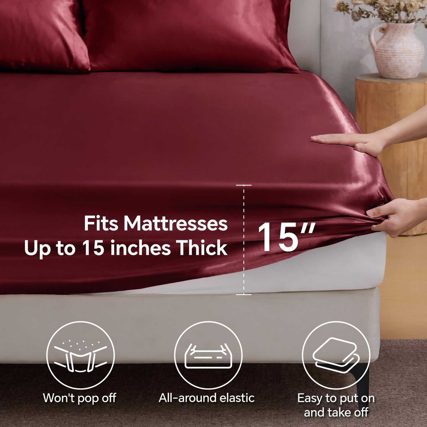BEDELITE Satin Fitted Sheet Queen with Elastic Corner Straps, Luxury Soft Silk-Like Bed Sheet for Hair & Skin, 1 Deep Pocket Fitted Sheet Only Fits 15" Mattress, Fade & Wrinkle Resistant, Burgundy