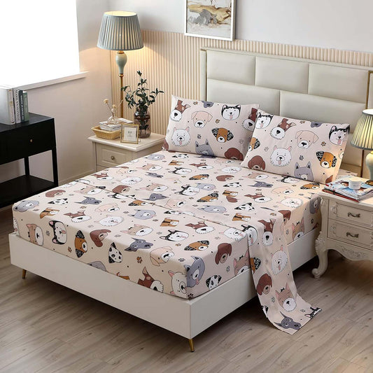 SDY 4 Pieces Dog Bedding Sheets Set Queen Size, Cute Puppy Pattern Sheet Sets with Deep Pocket, Kawaii Bedroom Decor for Kids, Teens, Children, Baby, Boys, Girls and Animal Lovers (Dog, Queen)