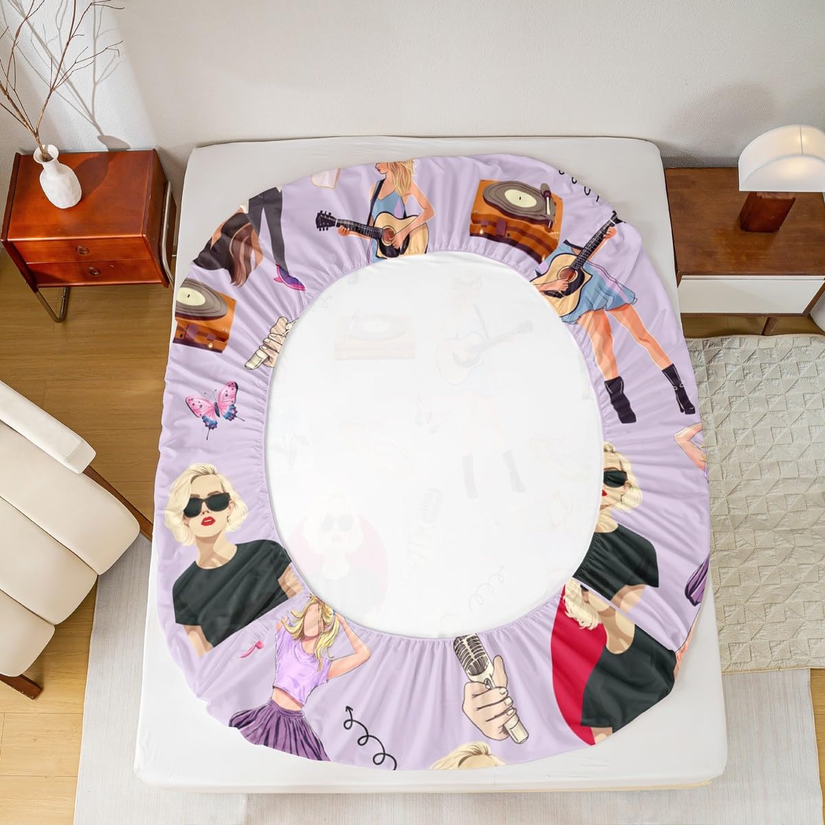 jejeloiu Music Bedding Set Full Size Girls Singer Bed Cover Gifts for Women Music Lovers Girly Guitar Bed Sheets Coworker Sister Friends Deep Pocket Fitted Sheet Purple Room Decor (No Top Sheet)