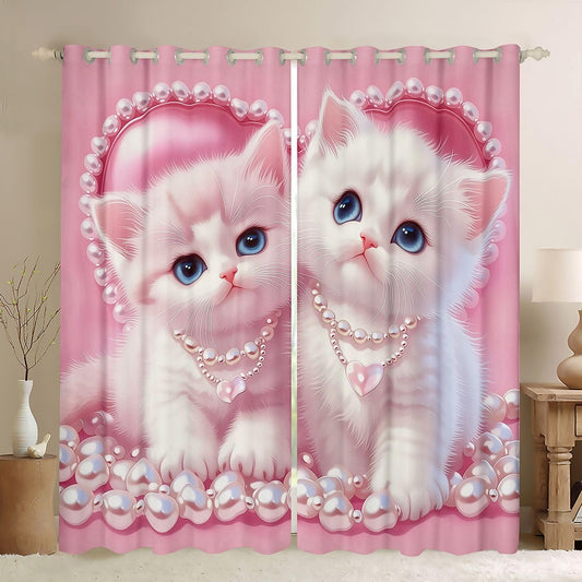 Erosebridal Cute Cats Blackout Curtains 42" Wx63 L, 2 Panels Pearl Kitten Darkening Curtains Kawaii Pet Animals Window Treatments Drapes for Bedroom Girly Pink Love Thermal Insulated Window Drapes