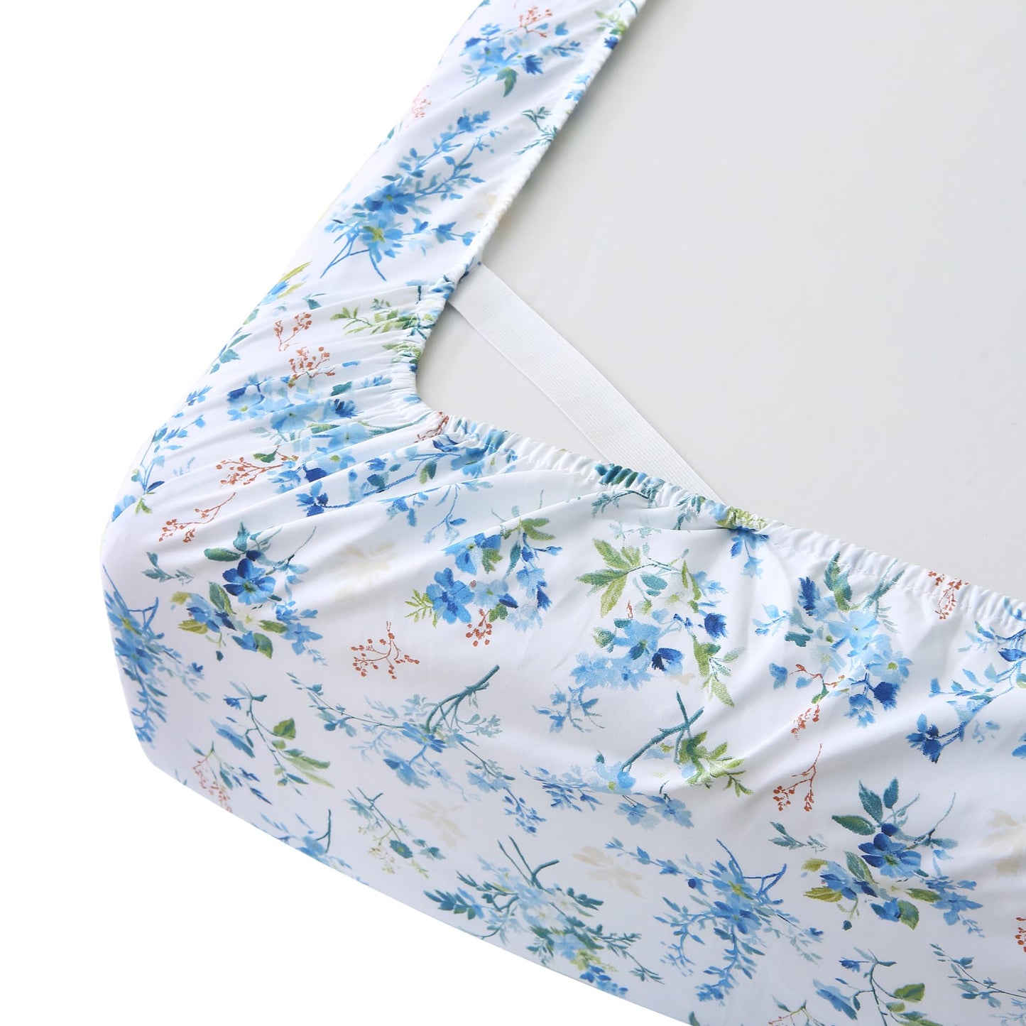 Mooreeke Cozy Vintage Microfiber Printed Full Sheet Set - Soft & Breathable Percale Blue Green Floral Bed Sheets with Extra Deep Pocket - Non-Slip Fitted Design - Blue Green Flower Pattern