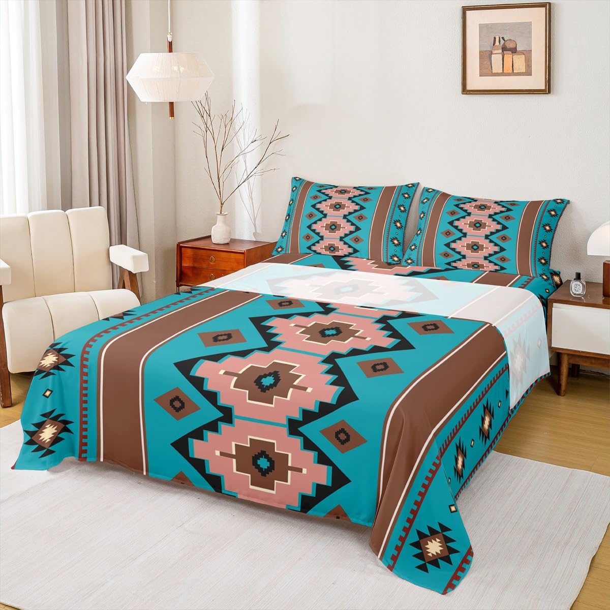 Feelyou Boho Aztec Bed Sheets Set King Size West Deep Pocket Fitted Sheet Teel Brown Bedding Sets Western Soft Bed Set 4Pcs with 2 Pillow Cases