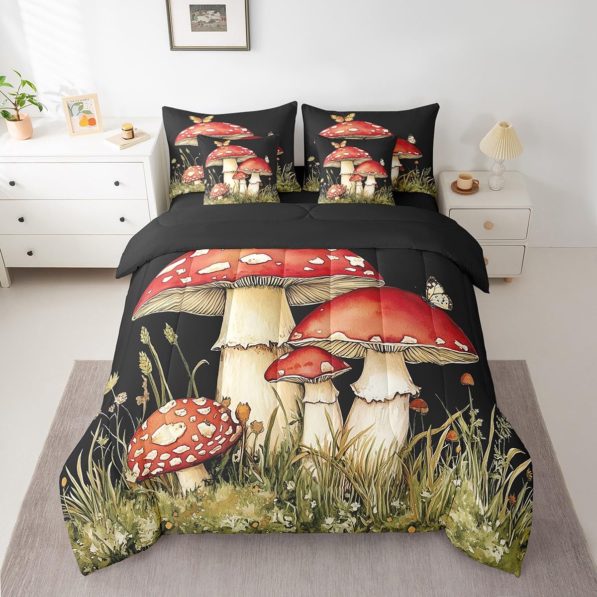 Erosebridal Mushroom Comforter Set King Size,Flying Butterflies Bedding Set for Kids Teens,Cute Red Fungus (Comforter+Fitted+Flat Sheet+2 Pillowcases+2 Throw Pillow Covers) 7 Pieces Bed Set
