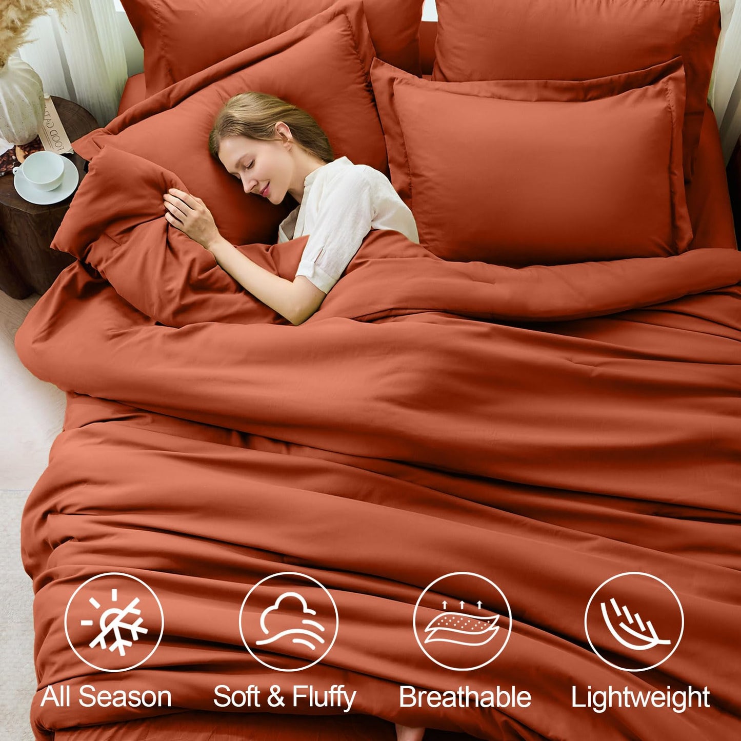FUANNA King Size Comforter Sets Burnt Orange, 7 Pieces Soft Bedding Set, All Season Lightweight Bed in a Bag with Comforter, Flat Sheet, Fitted Sheet, Pillowcases & Shams
