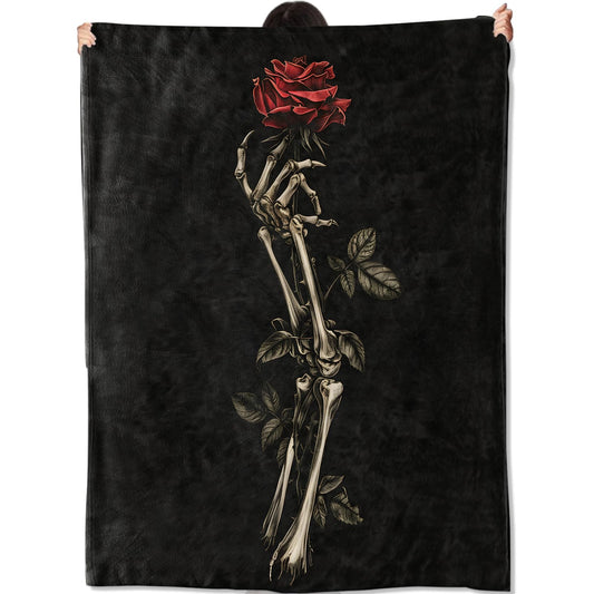 amepay Gothic Skeleton Rose Soft Flannel Blanket 50×60 Inches,Dark Romantic Floral Art,Lightweight Cozy Plush Throw for Couch Sofa Bed,Gifts Blankets for Women Girls Goth Decor Lovers Home Decor