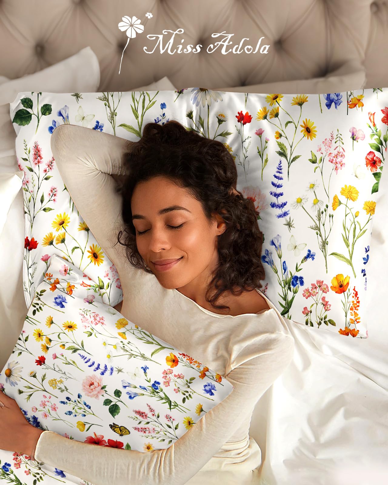 Miss Adola 2 Pack Mulberry Silk Pillowcase for Hair and Skin - Standard Size 20 x 26 Inches with Hidden Zipper Beige Flower 19 Momme Soft Sleeping Silk Pillow Case for Women, Moms