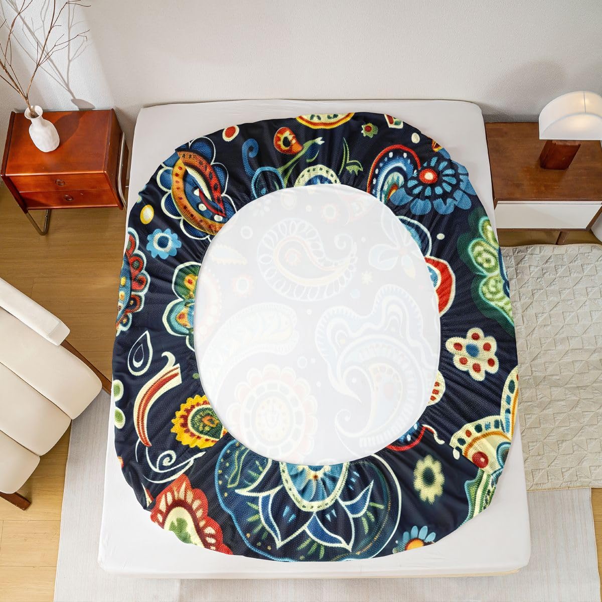 Feelyou Flower Bed Sheets Sets Queen Size Kids Boys Girls Paisley Bedding Set Boho Paisley Blue Print Bed Sheet Set with 16-Inch Deep Pockets Bohemian Exotic Style 4Pcs with 2 Pillow Cases