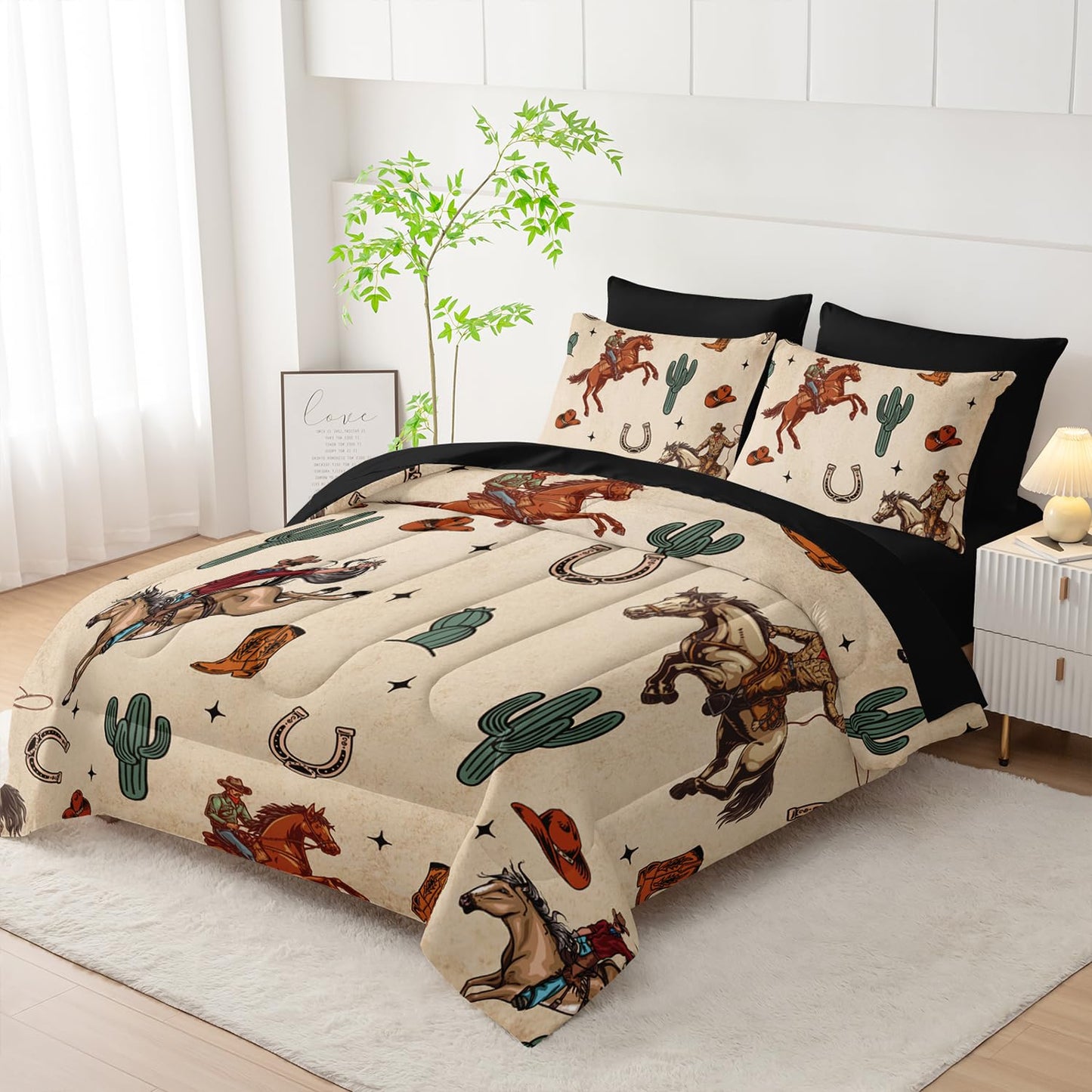 AILONEN 7-Piece Western Cowboy Comforter Sets Full Size,Rodeo Cowboy Riding Bull with Cacti Bedding Set for Kids,Ranch Jomon Comforter & Fitted Sheet with Flat Sheet & 2 Pillowcases,2 Pillow Shams