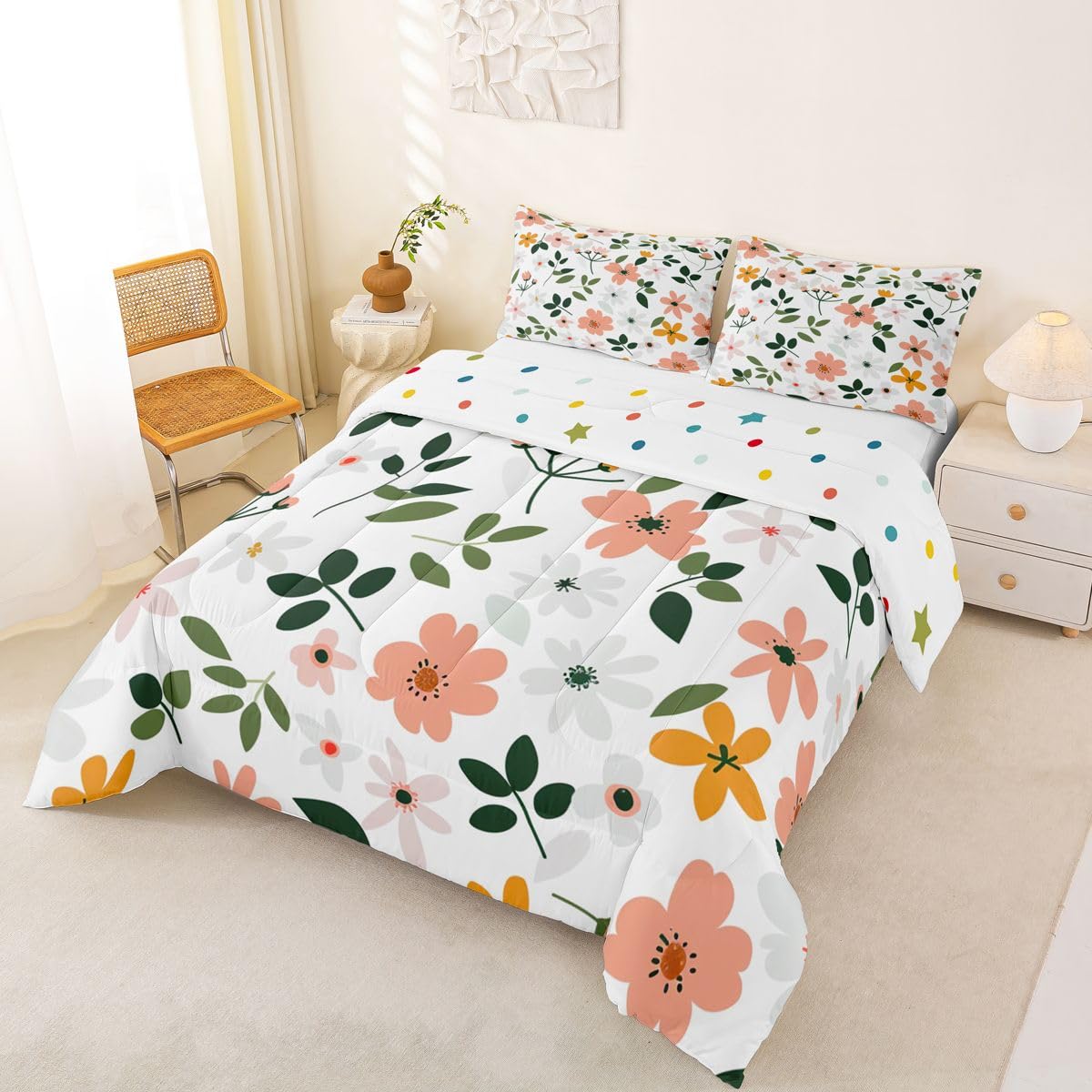 Feelyou Cute Floral Kids Comforter Set Queen Size Cartoon Flower Bedding Set Plant Duvet Quilt for Kids Boys Girls Bedroom Natural Decor Microfiber Ultra Soft Breathable
