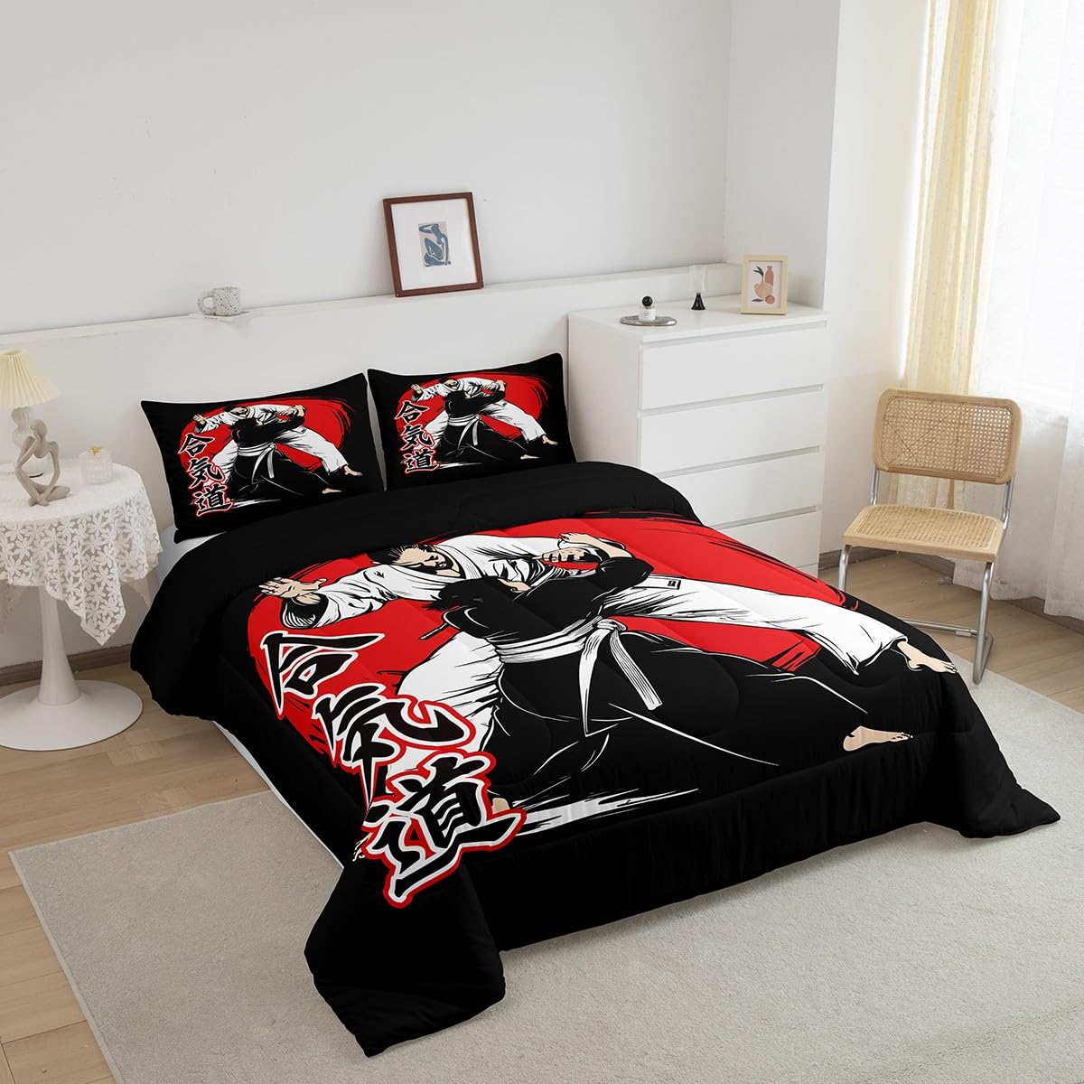 Erosebridal Japanese Comforter Set Samurai Bedding Set Karate Down Comforter for Kids Boys Japanese Culture Sunset Duvet Insert with 1 Comforter and 1 Pillow Case Twin Size Black Soft