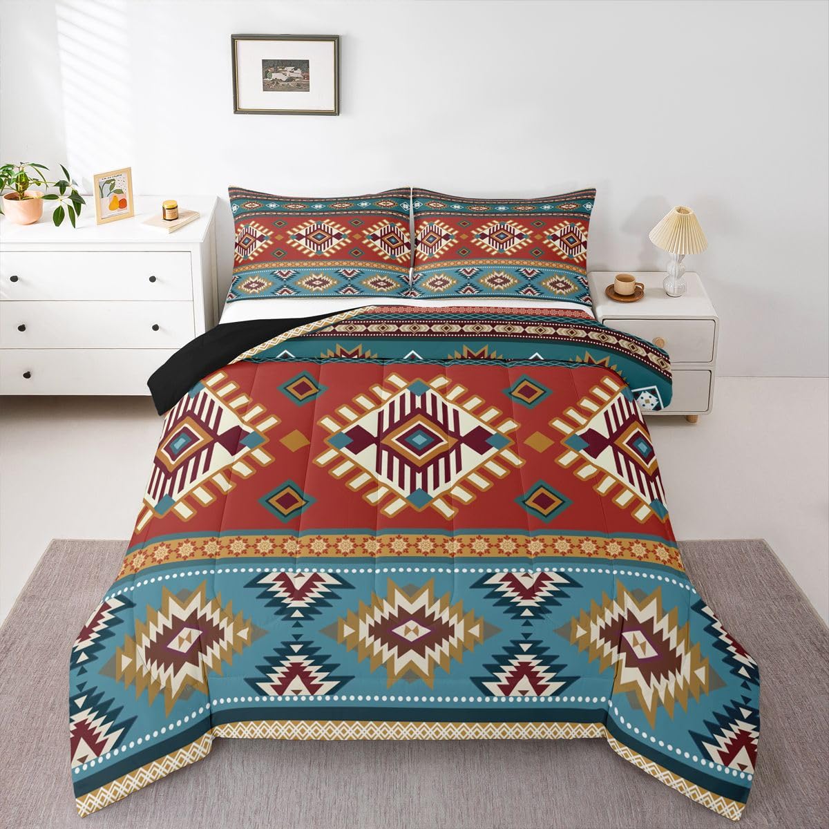 jejeloiu Southwest Native American Design Bedding Set Soft for Boys Girls, Southwestern Geometric Comforter Set Queen Size Boho Duvet Quilt Microfiber Tribal Bedroom Decor 3 Pcs with 2 Pillow Cases
