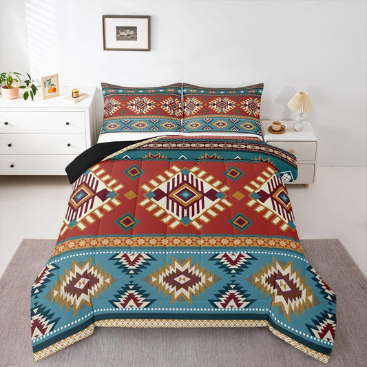 jejeloiu Southwest Native American Design Bedding Set Soft for Boys Girls, Southwestern Geometric Comforter Set Queen Size Boho Duvet Quilt Microfiber Tribal Bedroom Decor 3 Pcs with 2 Pillow Cases