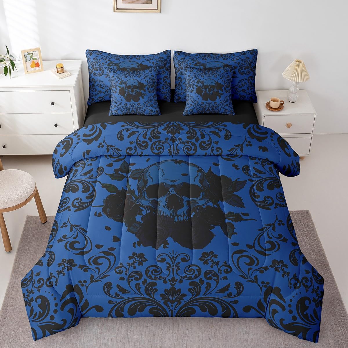 Erosebridal Rose Skull Bed in A Bag 7 Piece Queen Black Damask Floral Gothic Bedding Set Halloween Skeleton Comforter Set with Sheets for Kids Boys Adults, Gothic Hippie Skull Bed Set Blue