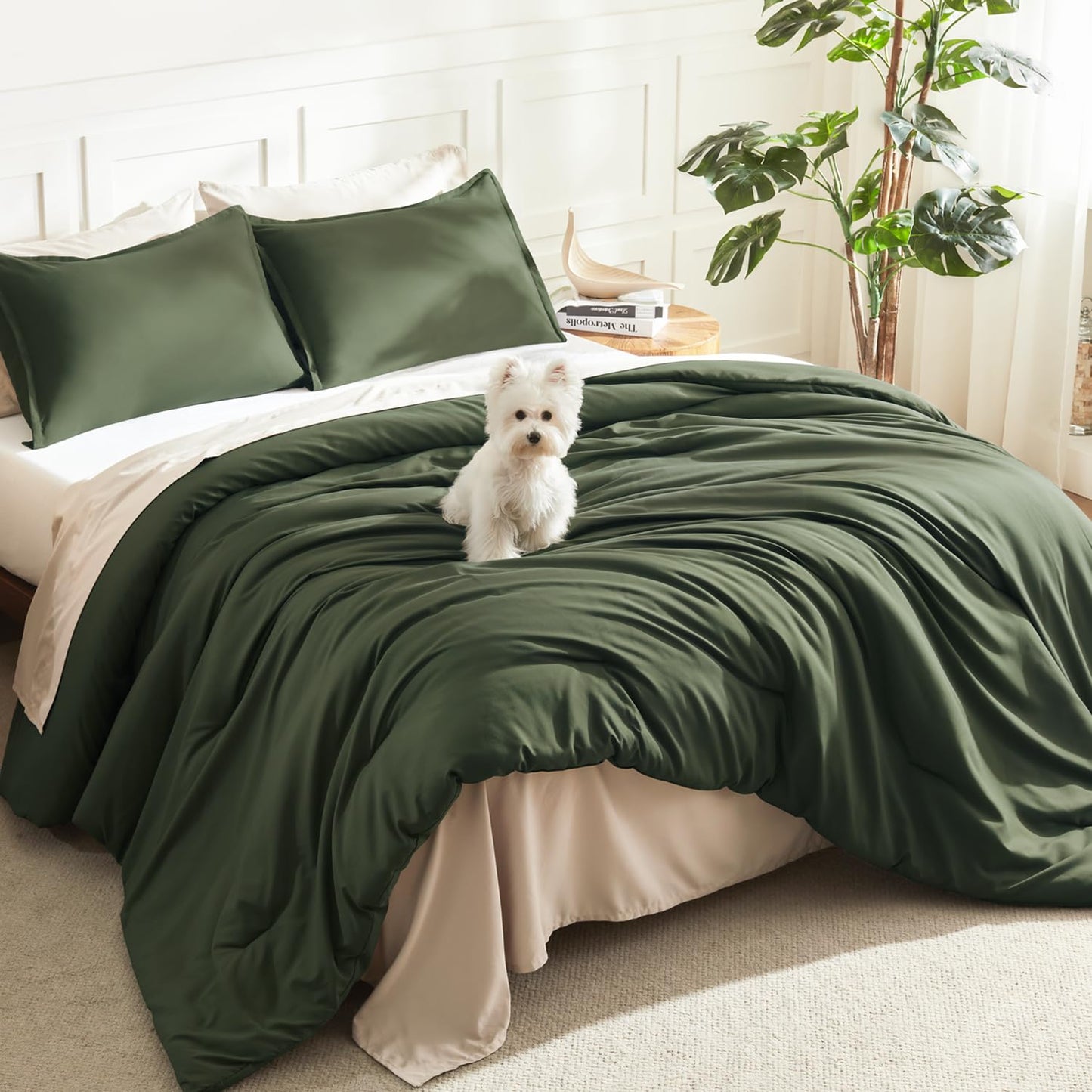 Litanika Dark Olive Green Comforter Set King, 3 Pieces Solid Bedding Comforter Set, All Season Fluffy Bed Set (104x90In Comforter & 2 Pillowcases)