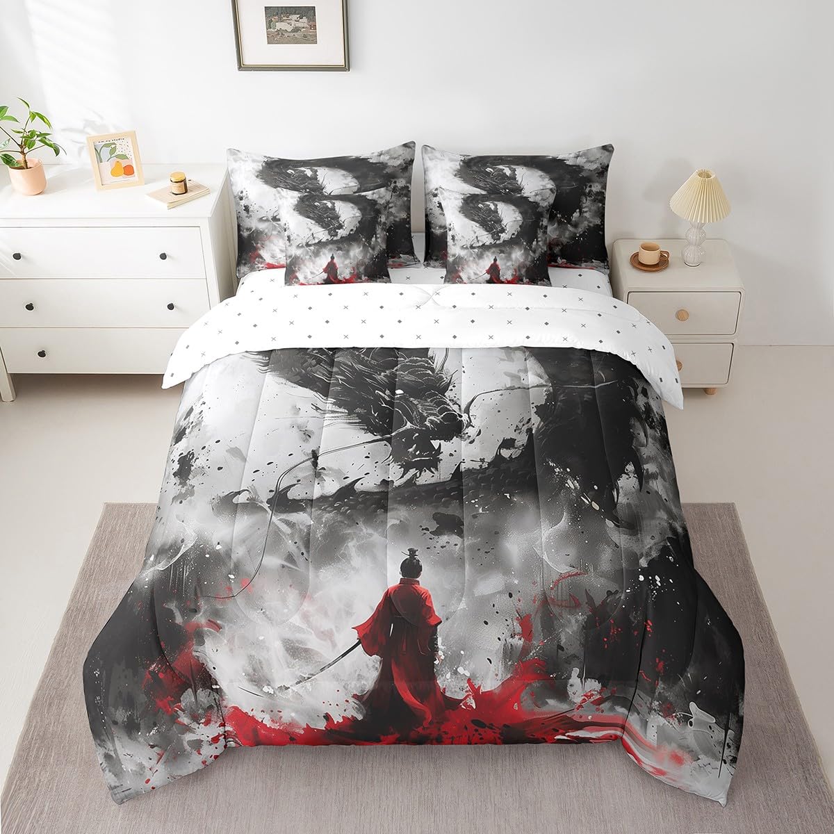 Homewish 7 Pieces Dragon Samurai Comforter Set Queen,Ink Painting Bed Set for Kids Boys Girls,Japanese Style Bedding(1 Comforter,1 Fitted Sheet,1 Flat Sheet,2 Pillowcases,2 Throw Pillow Cover)