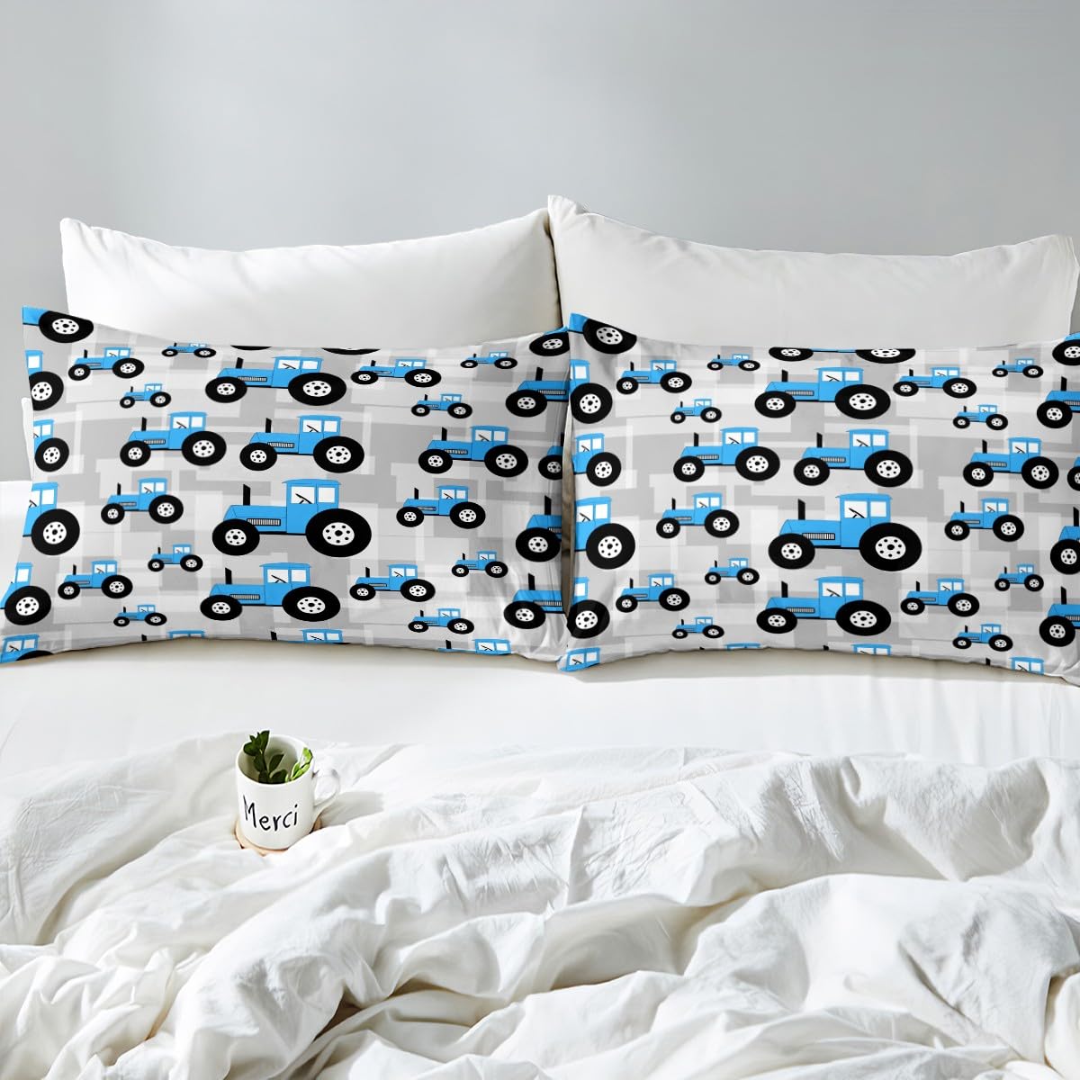 Blue Tractor Bedding Set - Cartoon Car Fitted Sheet for Boys & Girls - Farm Equipment Trucks - Full Size Bed Set (3Pcs)