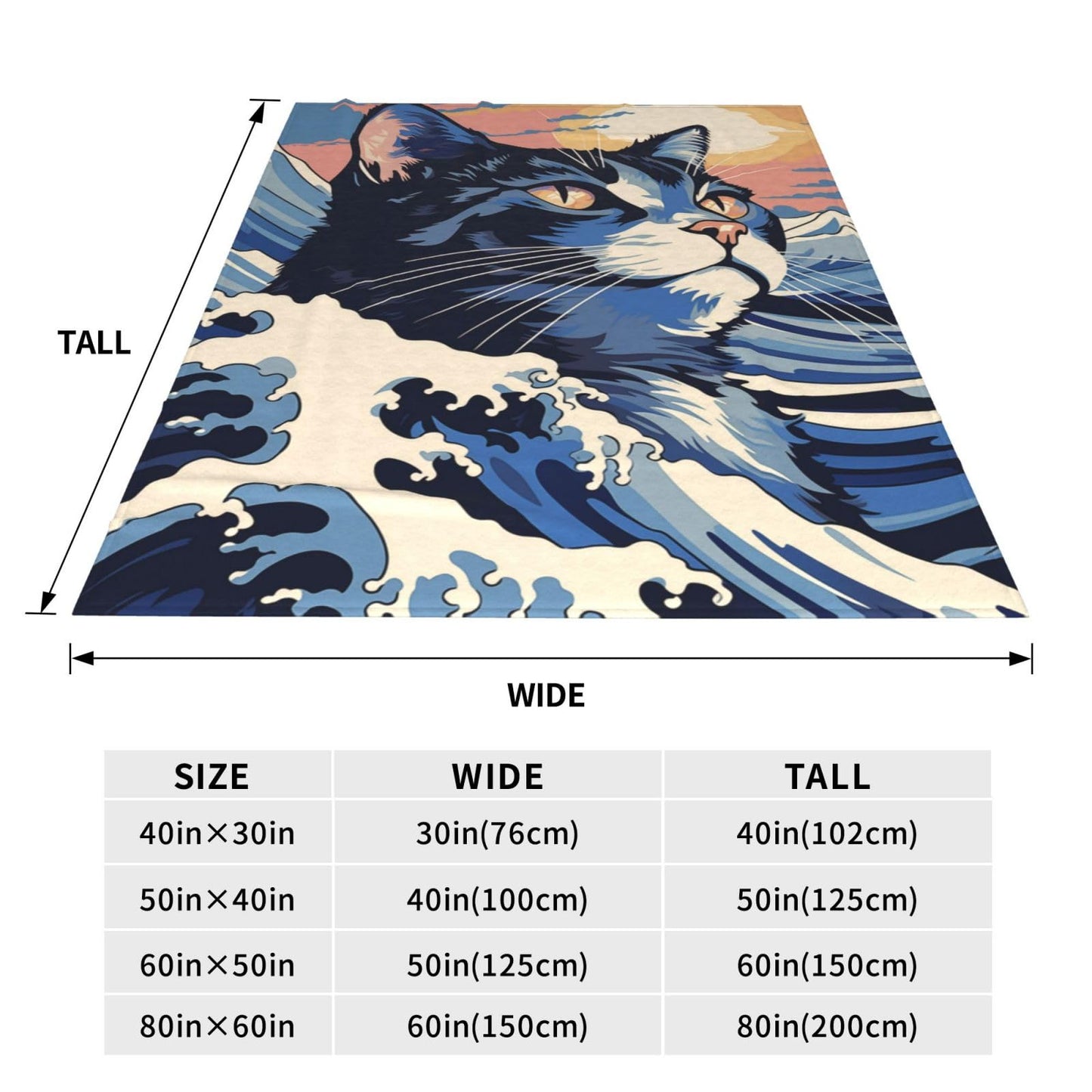 amepay Japanese Painting Cat Blanket Gifts for Cat Lovers Grils Women Kitten Wave Art Flannel Throw Blankets for Home Couch Bed Sofa Soft Fuzzy Lightweight Decor All Season 60x50 Inches