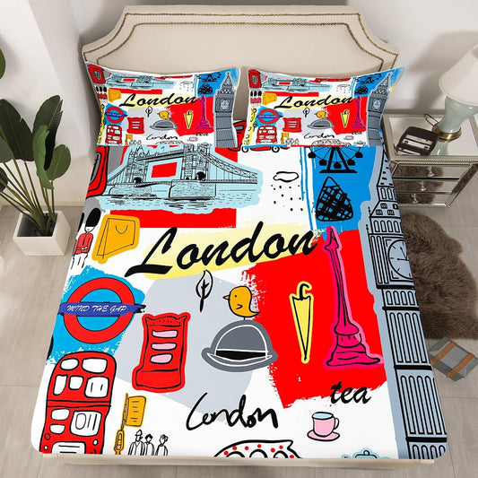 London Themed Fitted Sheet Red Retro Telephone Booth Bed Sheet Set for Kids Children Historical European Scenery Bedding Set Famous City Scene Bed Cover Twin Size with 1 Pillow Case