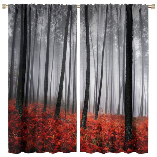 JESTRONRY Forest Window Curtain,Red Fantasy Misty Forest Trees Jungle Bushes Blackout Rod Pocket Window Drapes 2 Panel Set for Living Room Bedroom Kitchen Bathroom Decor W42xL45in