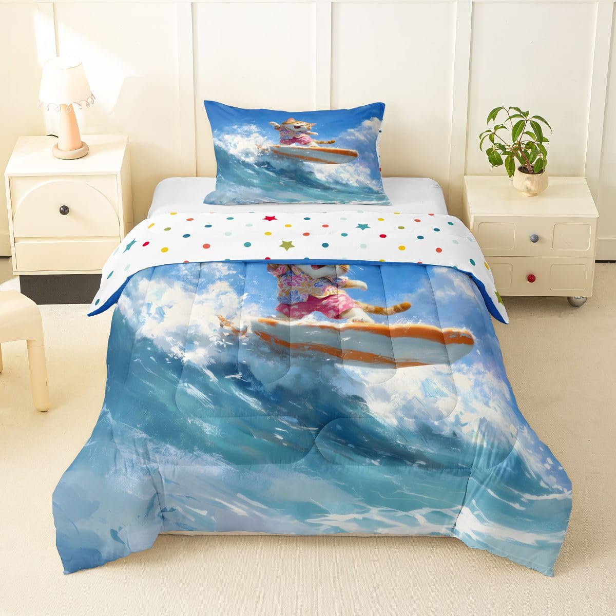 Erosebridal Cat Surfing Toddler Bedding Set Cartoon Summer Coastal Cat Surf Comforter Set Hawaiian Beachy Girly Room Decor Bed Comforter Sets,Blue Ocean Waves Quilt Duvet