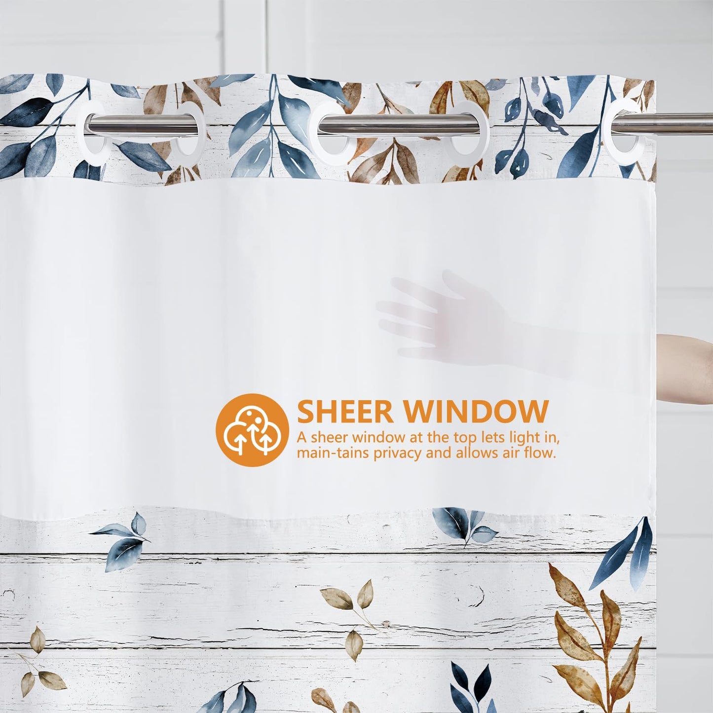 MEHOFOND No Hook Fall Pumpkin Shower Curtain with Snap in Liner,Hookless Autumn Watercolor Blue White Pumpkin Shower Curtain,Farmhouse Eucalyptus Leaves Thanksgiving Holiday Bathroom Decor 71x74 in