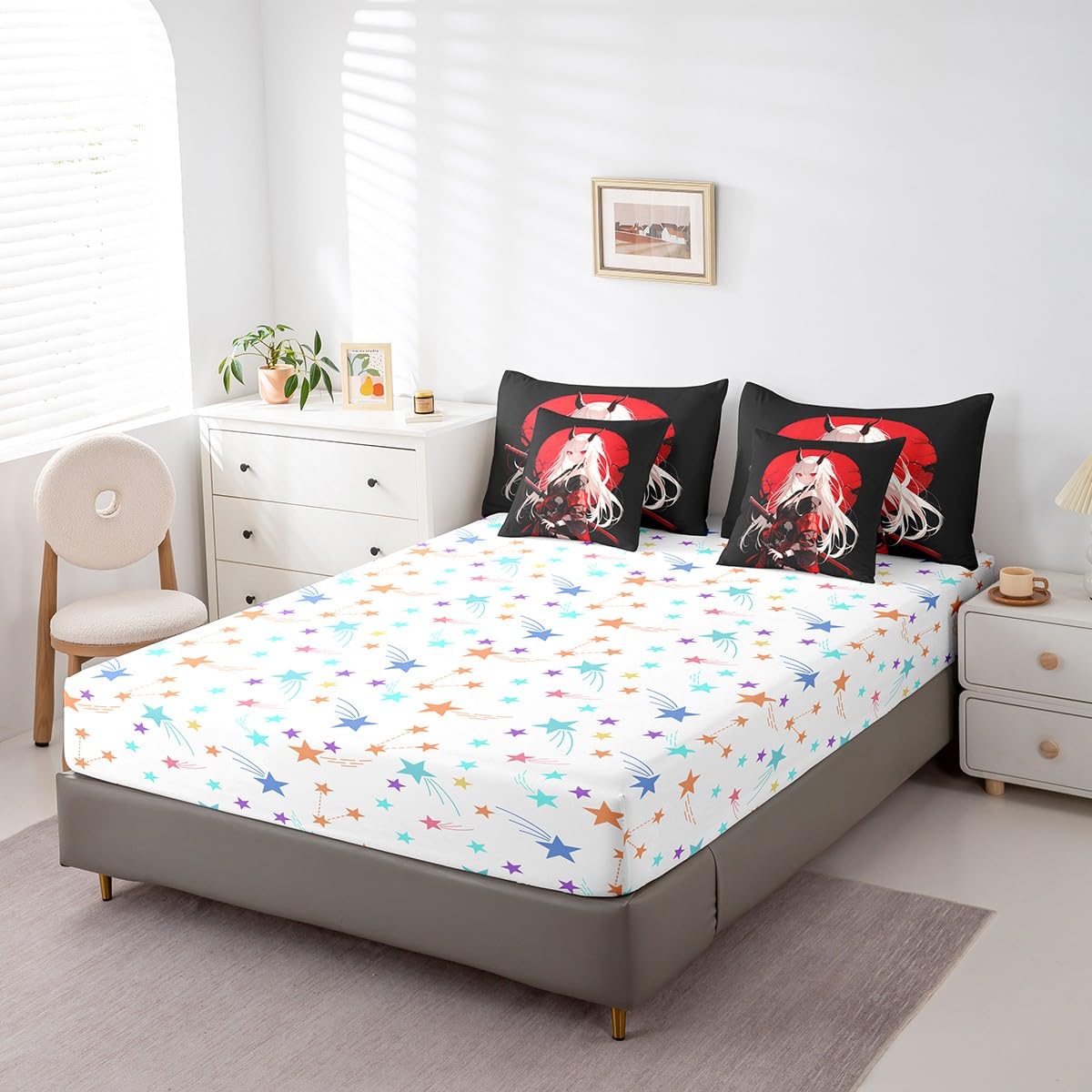 Erosebridal Twin Japanese Anime 7 Piece Comforter Set for Kids, Anime Girl Bed in A Bag Kawaii Japanese Style Bedding Set Cartoon Japan Animation Bed Set for Boys Teen Adult Women Bedroom