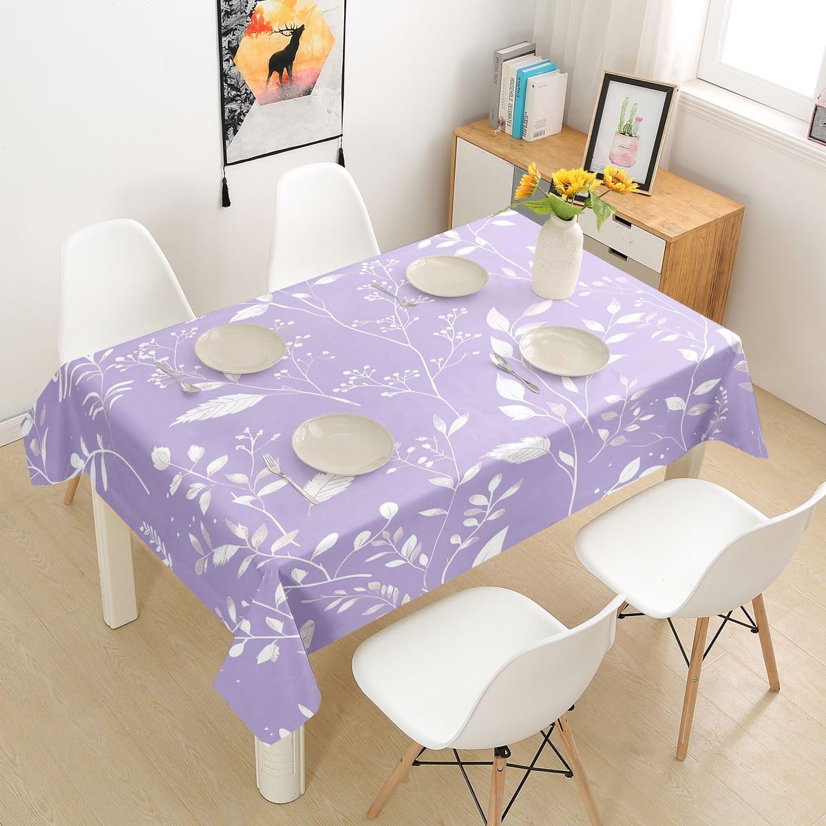 Homewish Country Leaves Tablecloths,Floral Leaf Plant Botanical Table Cover,Rustic Farmhouse Natural Table Cloth,Purple Table Accessories for Kitchen,Rectangle 55"x71"