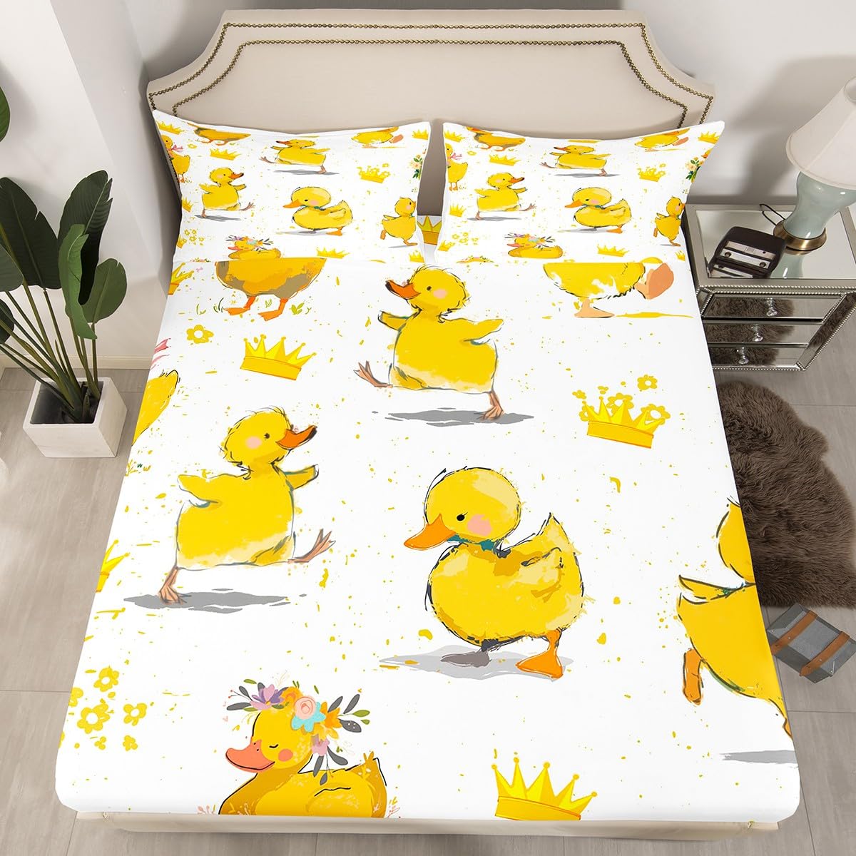 Cartoon Duck Sheet Set for Kids Boys Girls,Kawaii Duck + Crown Flowers Bed Sheets Set Full,Cute Duck Bedding Set,Lovely Farmhouse Animal Fitted Sheet + Top Sheet + 2 Pillowcases Bedroom Decor