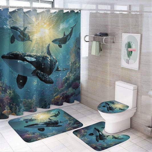 INSFBRB Realistic Colorful Killer Whale Shower Curtain Sets with Rug,Toilet Lid Cover and Bath Mat,Rustic Cute Ocean Underwater World Coral Fish Nautical Dolphin 4 Piece Bathroom Set