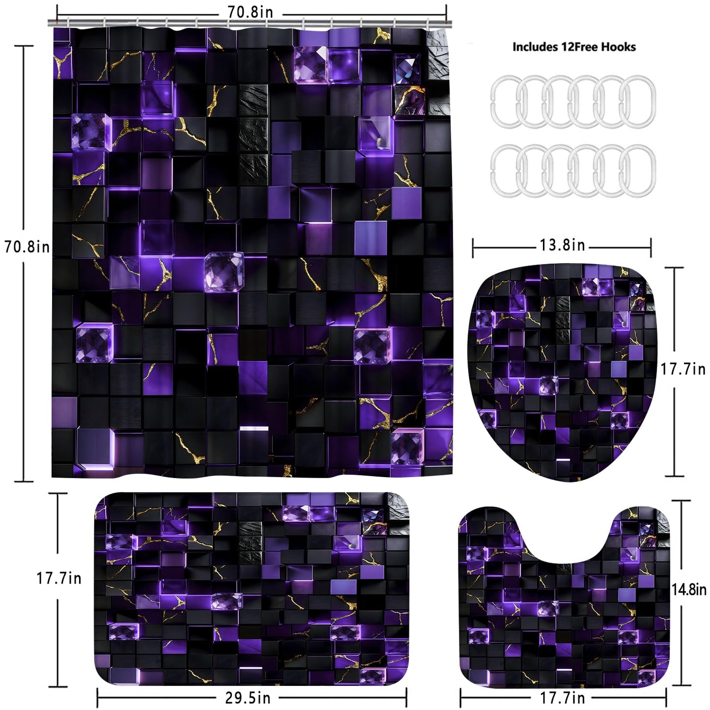 LQCOOL 4Pcs Black and Purple Shower Curtain Set 3D Cubes Bathroom Sets Modern Shower Curtain Set for Bathroom Sets with Rugs and 12 Hooks