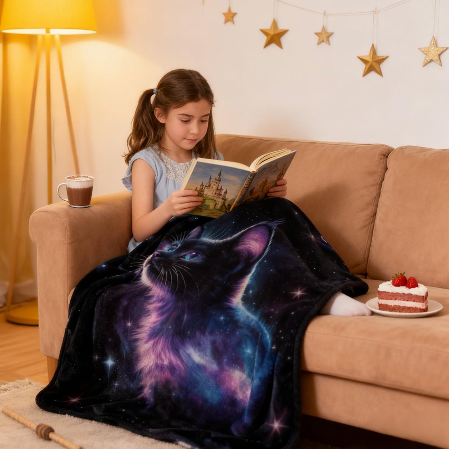 kampdream Galaxy Space Cat Flannel Blanket, Nebula and Starry Night Sky, Super Soft and Warm Couch Sofa Living Room Cute Decor Ideal Gift for Teens Girls 50×60 inch