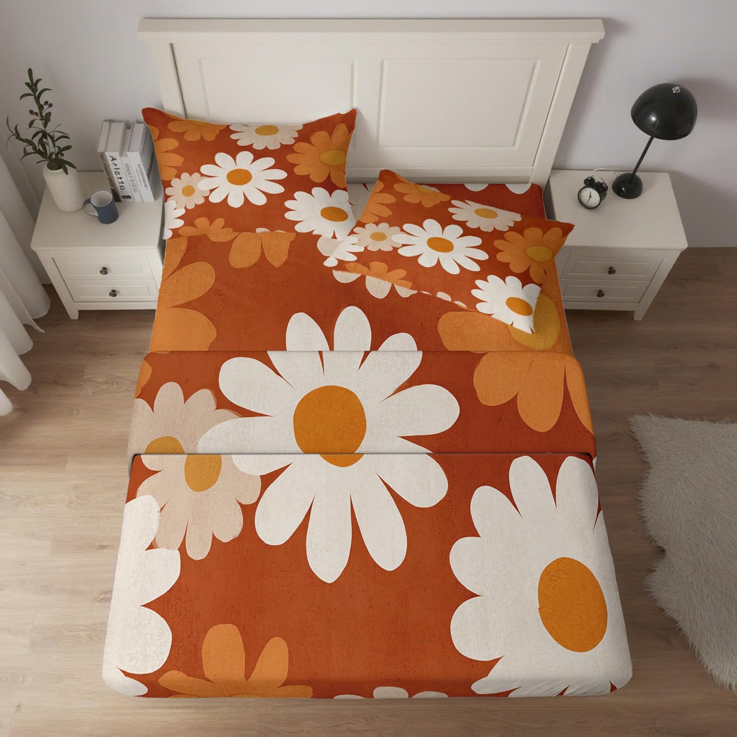 NOGAWA Retro Flower Sheets Full Size, Boho Floral Bed Sheets, 70s Bedding Sheets, Pillowcases 4 Piece Set, Microfiber Deep Pocket Fitted Sheet, Flat Sheet, 2 Pillow Cases
