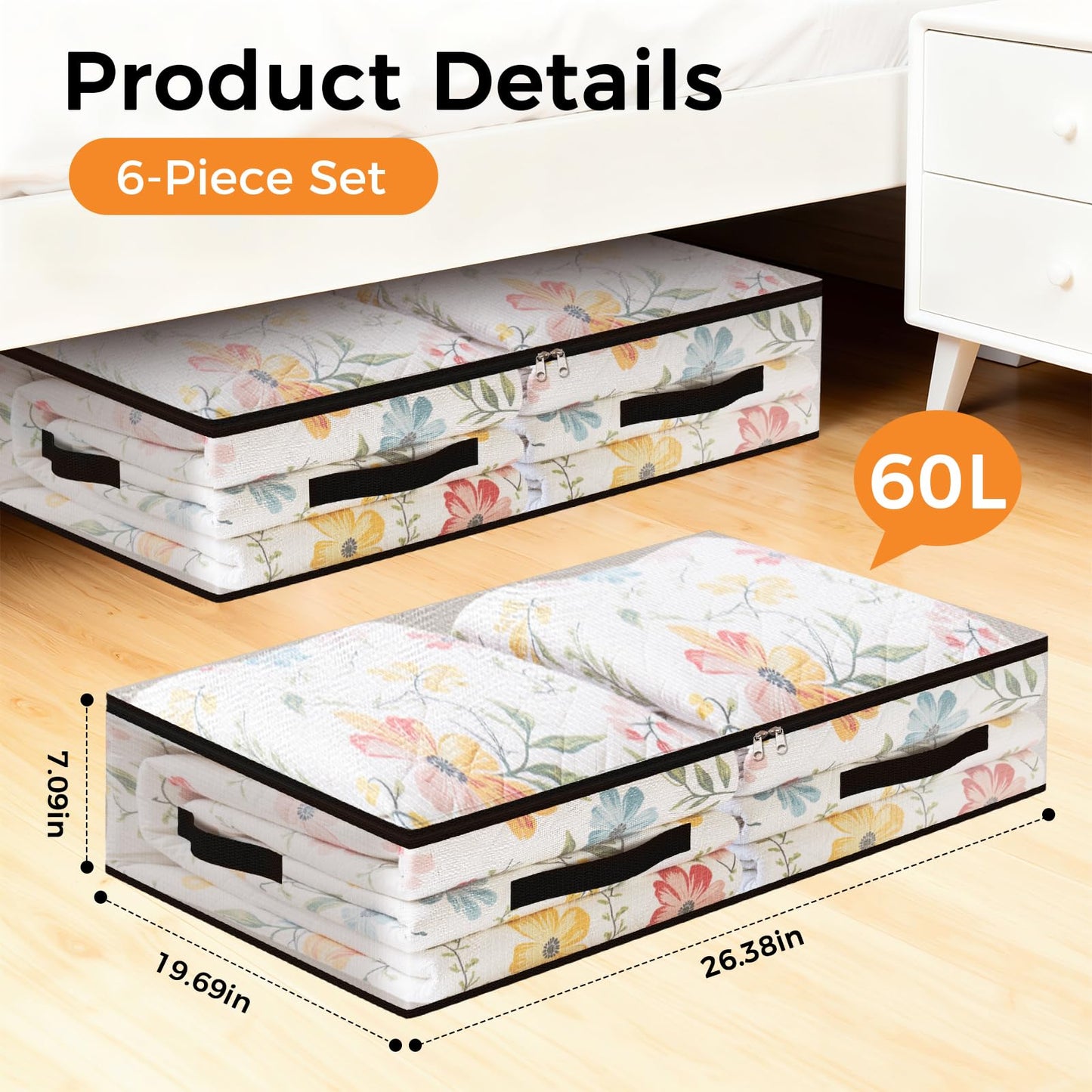 EdenDwell 6 Pack Under Bed Storage Bags, 60L Foldable Clear Storage Containers with Handles, Dual Zippers for Comforter, Clothes, Bedding, Linen Sheets, Sweaters, Blanket Storage