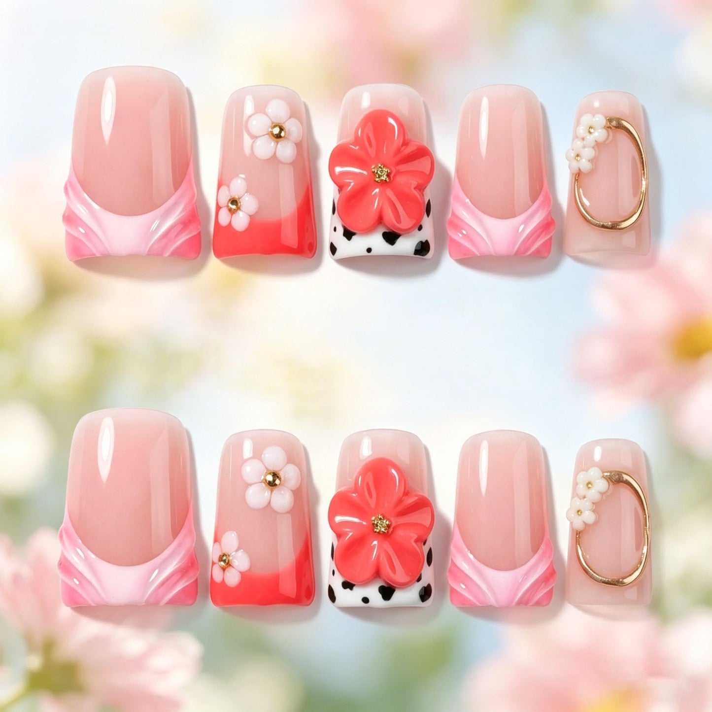 Handmade Press on Nails 3D Cute Glue on Nails for Women, Luxury Duck Nail Art Design, Fake Nails with 3D Nail Charms Size M 7