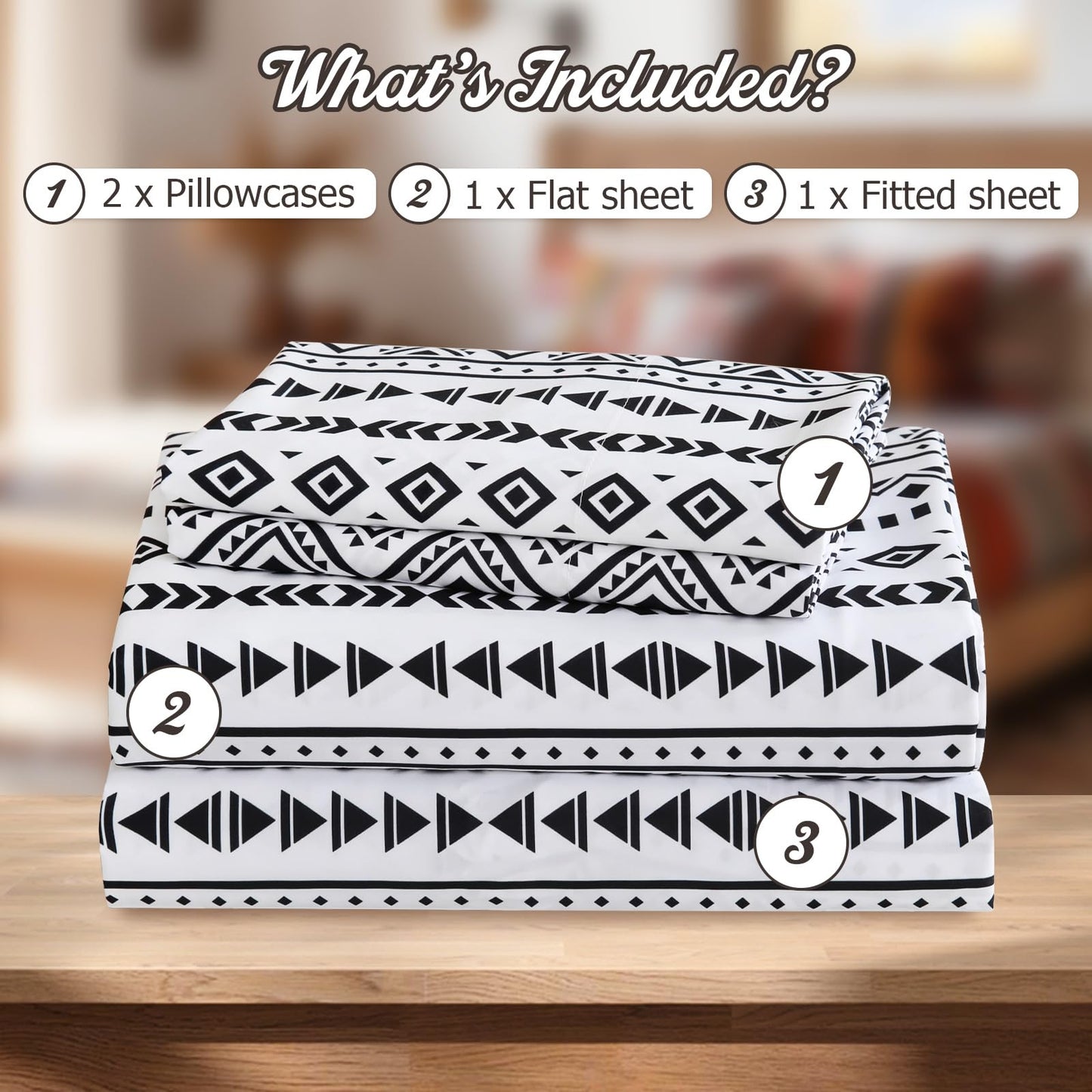 CozySmile Boho Printed Sheet Set Queen Size 4 Piece,Soft & Breathable Bedding Deep Pocket 16" Cooling Wrinkle Free Comforter Bed Set Western Sheets Geometric(Queen, Black White Geometric)