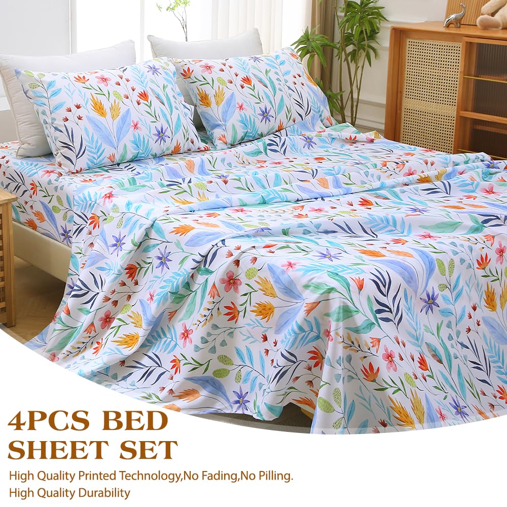 MUXHOMO Full Size 4 Piece Sheet Set, Soft & Breathable Sheet for Bedroom with Deep Pocket Up to 16", Wrinkle-Free & Cooling Bed Sheet with Flat Sheet, Fitted Sheet & Pillowcases - Colorful Leaves