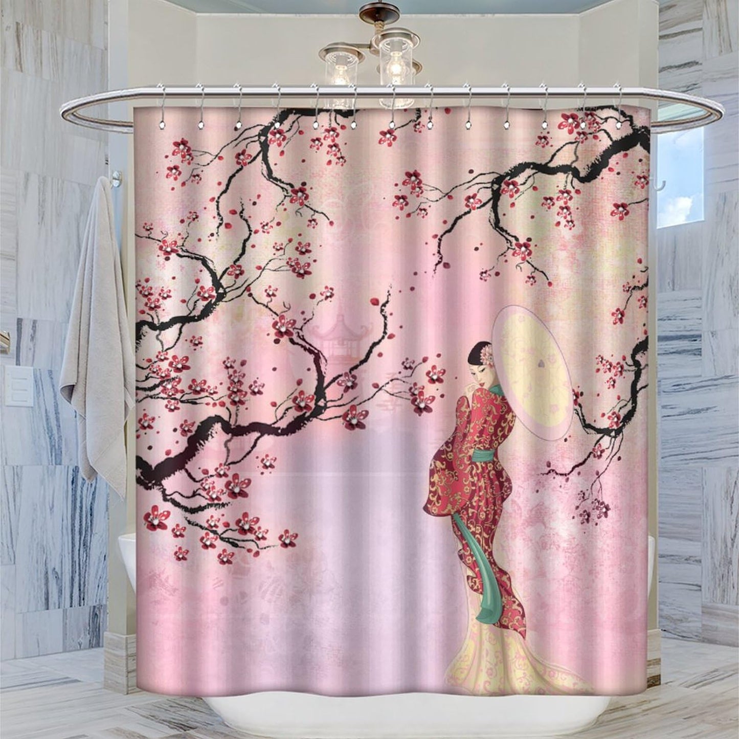 DDCBNS Japanese Geisha Shower Curtains,Asian Style Red Plum Blossom Ink Painting Shower Curtain for Bathroom Decor Asia Oriental Theme Fabric Waterproof Upholstery Hook 66x72inch