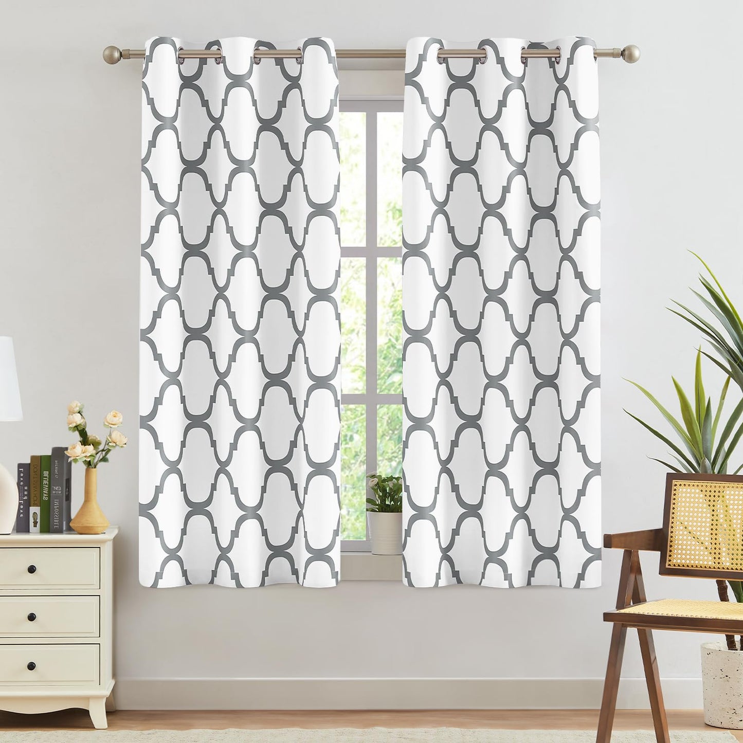 Melodieux Moroccan Printed Room Darkening Blackout Grommet Curtains for Bedroom Small Windows, 42 by 45 Inch, Off White/Grey (2 Panels)