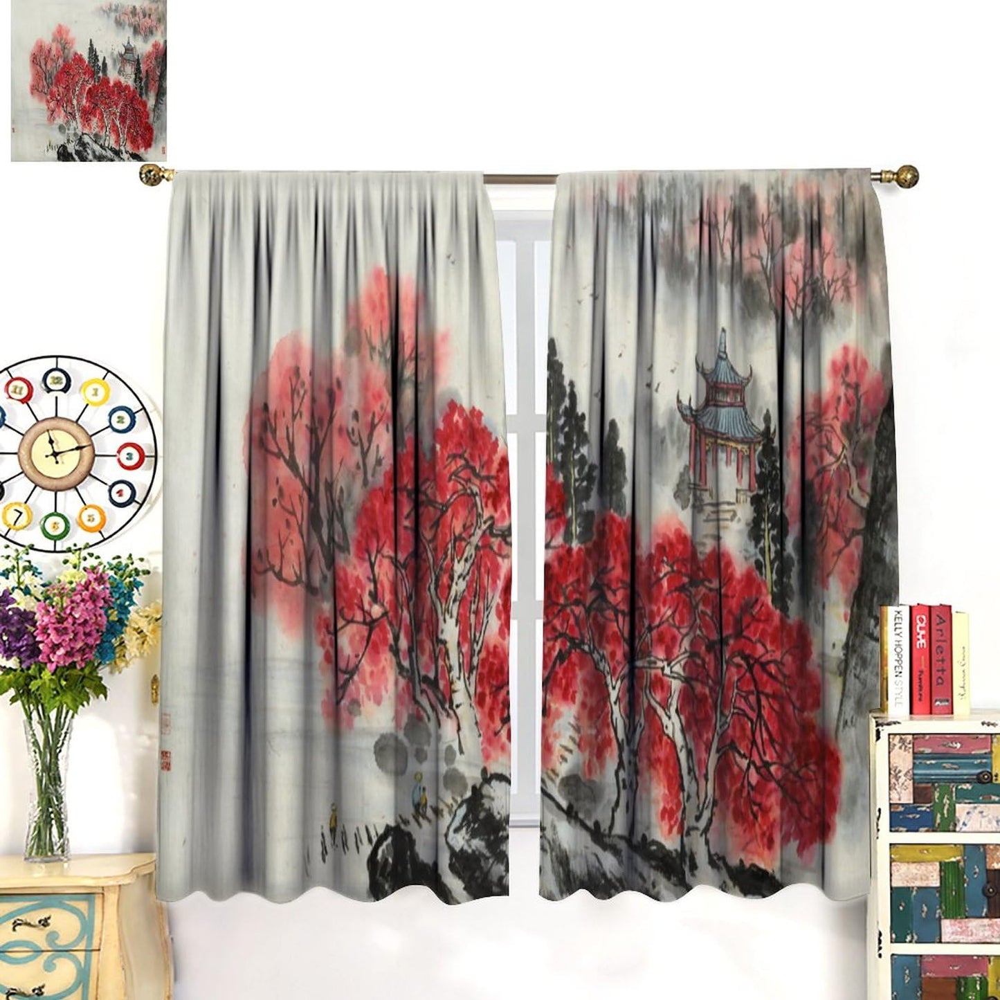 Asian Curtain Red Cherry Blossom Japanese Flower Branch Koi Oriental Chinese Ancient Ink Landscape Wind Printing Curtain for Kitchen Bedroom Living Room Blackout Curtain 42x45 Inch 2 Panels