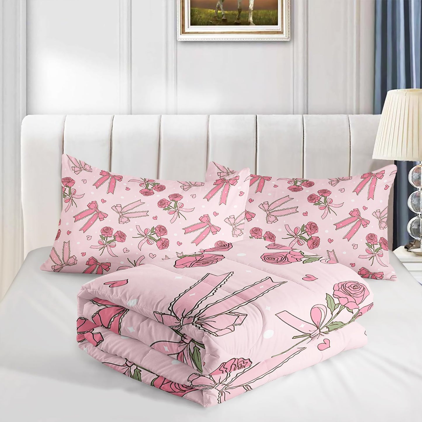 QOOMO 3Pcs Bow Comforter Set Twin,Pink Floral Bedding Set for Teens Boys Girls,Pink Bowknot Printed Comforter with 2 Pillowcases,Down Alternative,Soft and Lightweight