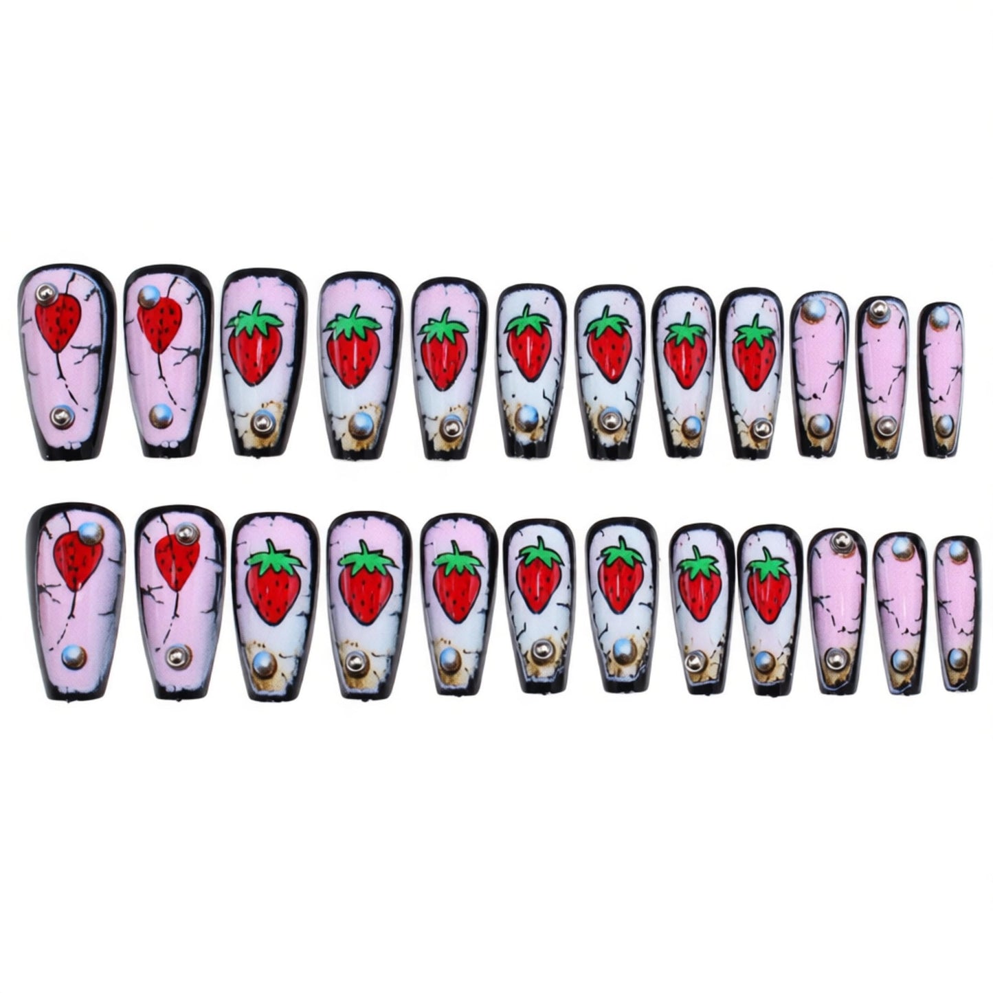 MERVF Long Press on Nails Coffin - Strawberry Fake Acrylic Glue ons, Pink Aura Design 24pcs Glossy Finish