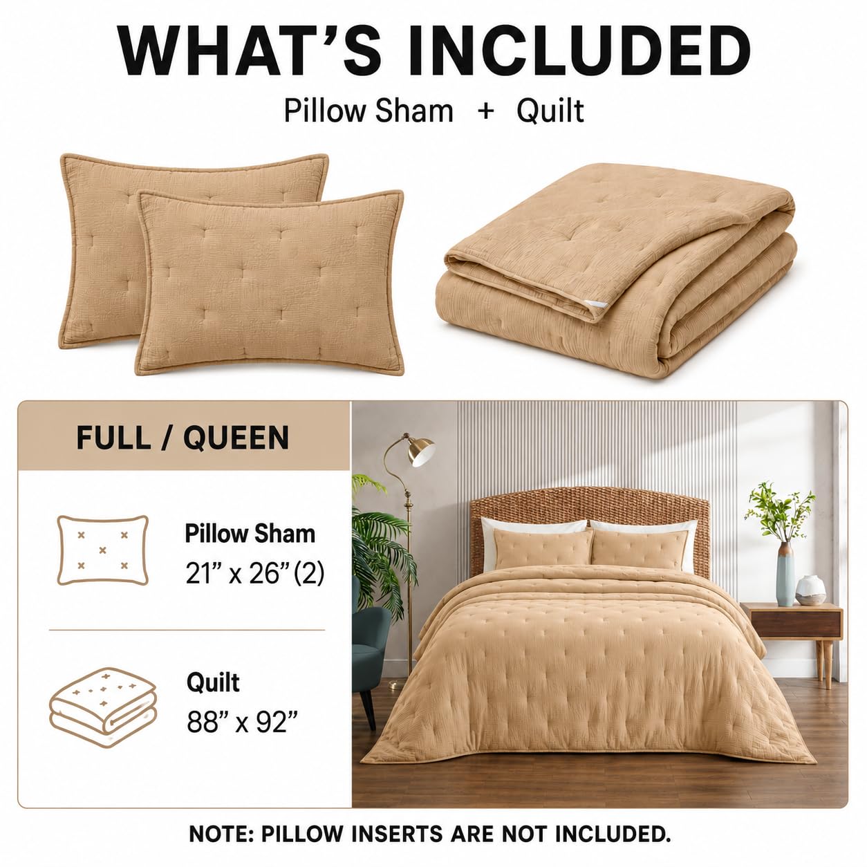 COZYXWORLD Pre-Washed 100% Cotton Muslin Gauze Comforter Set, 3 Piece Full/Queen Quilt Set, Duvet Insert with Corner Loops, 1" Line Quilted, Dune Beige