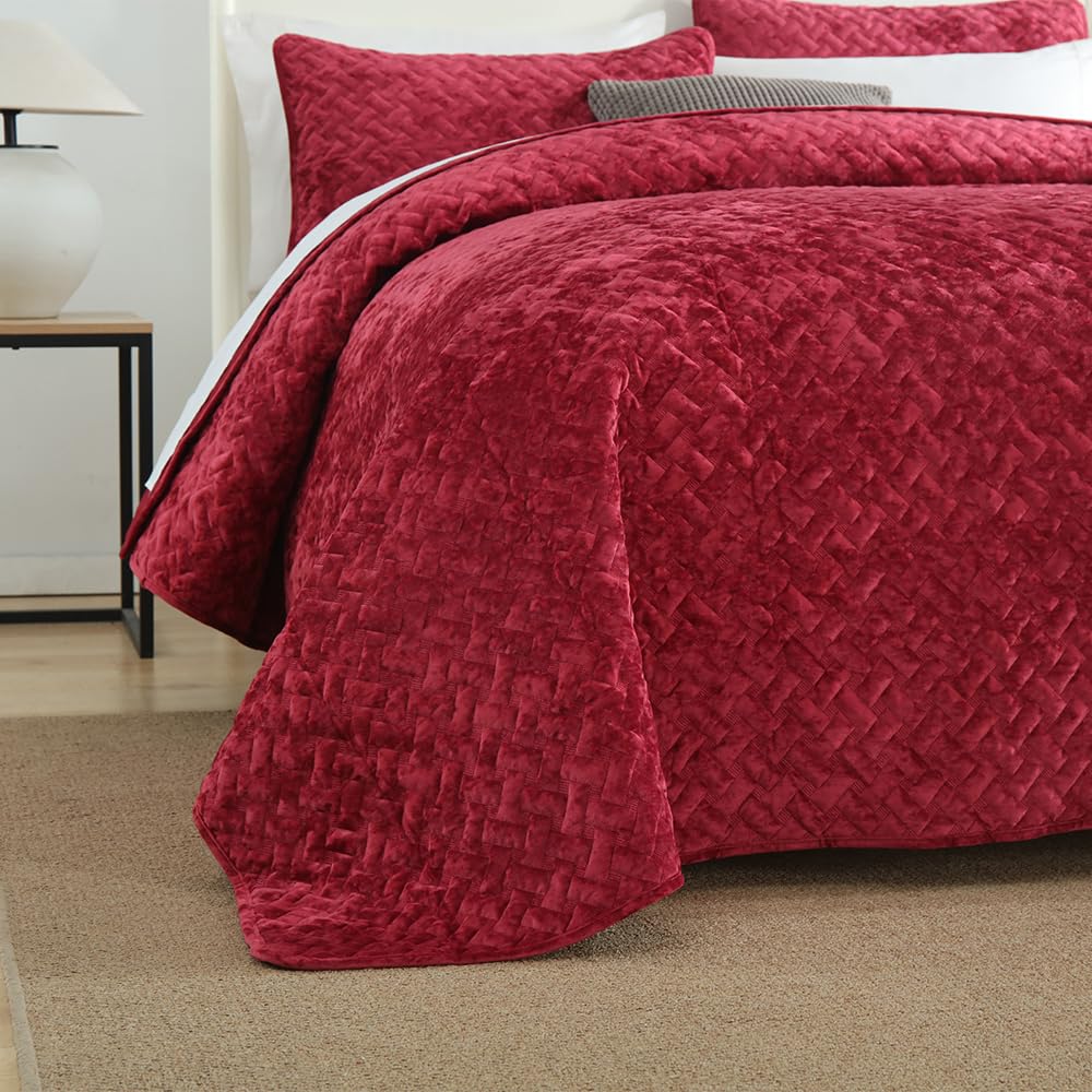 Liians Velvet Bedspread Quilt Bedding Sets,Luxury Elegant Ultra Soft Velvet Comforters Coverlet Blankets,Weave Stitching Pattern Cotton Quilted Bedspread for All Seasons,Red,King Size