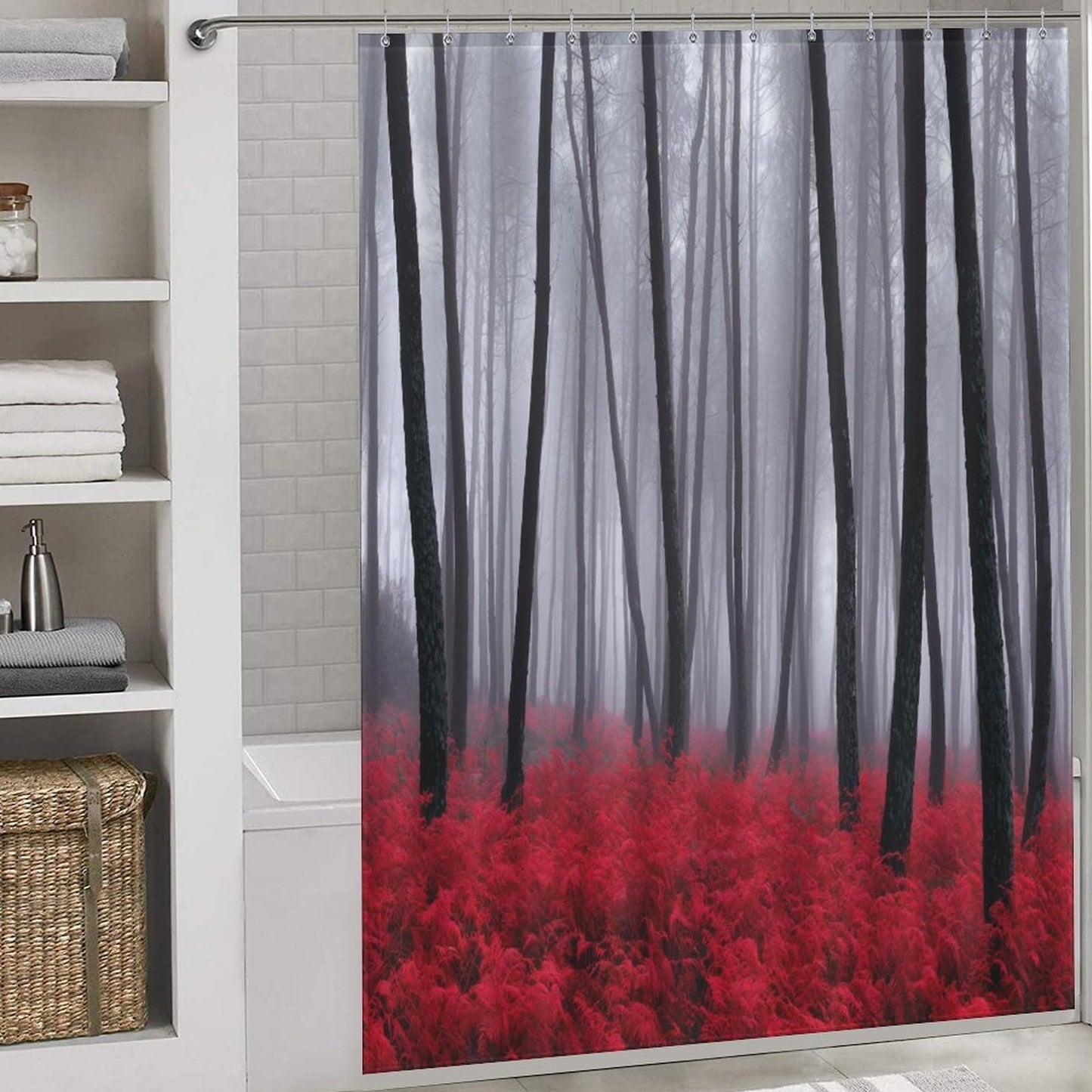 TKUYO Forest Shower Curtains, Gothic Black Red Misty Jungle Nature Enchanted Foggy Mountain Landscape Scenery Woodland Goth Waterproof Fabric Bathroom Shower Curtain Set with Hooks, 72"x72" Inch