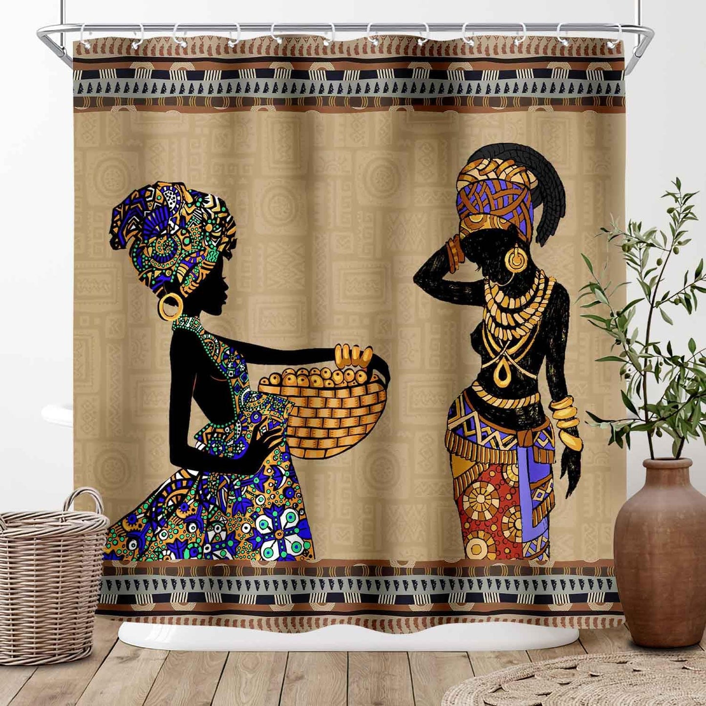 African Shower Curtain, Tribal Black Woman Bathroom Curtain Set, 72"x72"