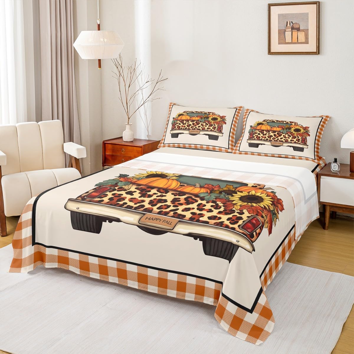 Fall Pumpkin Truck Bed Sheets Queen Orange Rustic Farmhouse Buffalo Plaid Sheet Set Thanksgiving Harvest Bedding Set,Autumn Sunflower Maple Leaves Decor Fitted Sheet + Flat Sheet + 2 Pillow Cases