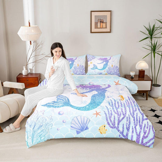Castle Fairy Mermaid Comforter Set Twin Size Rainbow Watercolor Glitter Bedding Set for Kids Girls Women Teens Room Decor, Mermaid Fish Scale Quilt Set Ocean Coral Shell Duvet Insert 2pcs